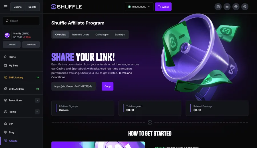 Shuffle affiliate programme overview screen