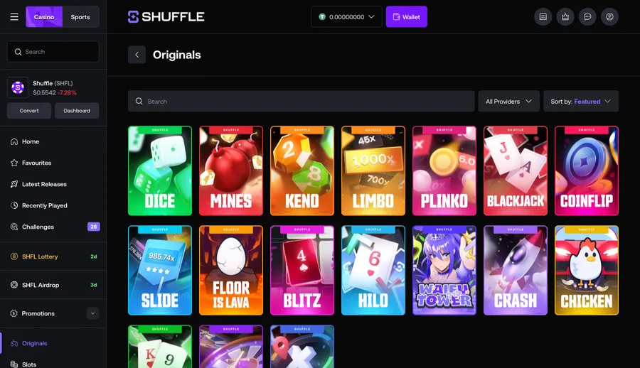 Originals category page listing in-house games