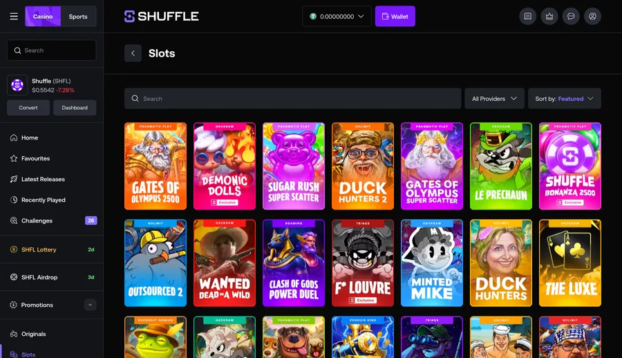 Slots category page in the Shuffle catalogue