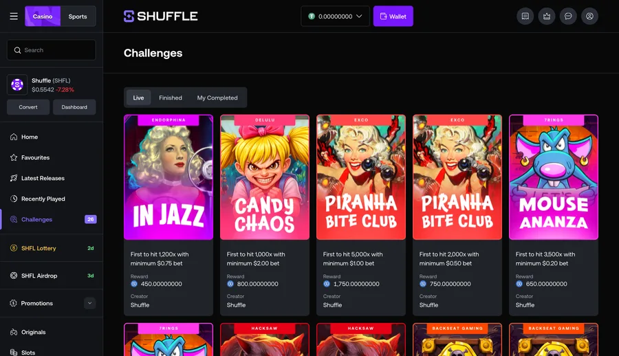 Challenges page listing active wagering tasks