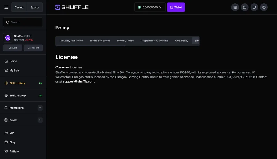 Operator licence page naming the company