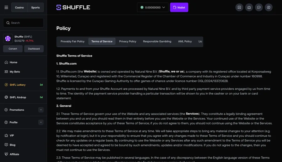 Terms of service page open in a browser