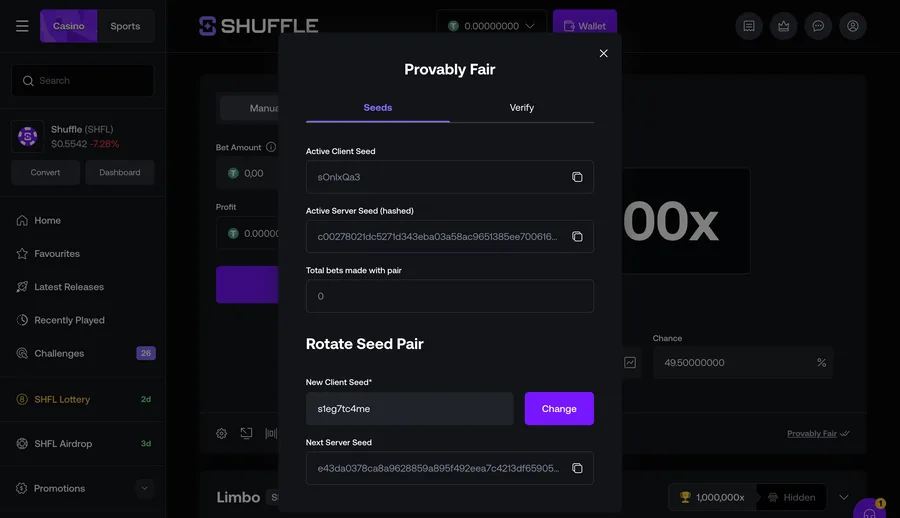 Provably fair panel showing hashed server seed