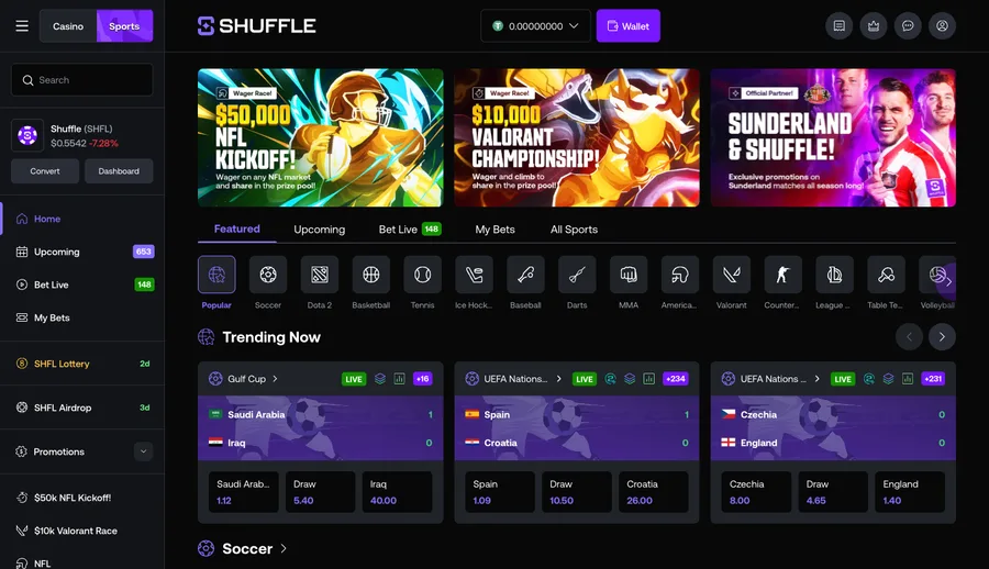 Shuffle sportsbook with live markets